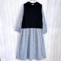 美品 グラシア 花柄ドッキングワンピース 長袖 クルーネック 体型カバー