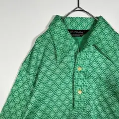 美品　90s 　ジャガード　緑　ハーフボタン 長袖シャツ　レトロ　昭和