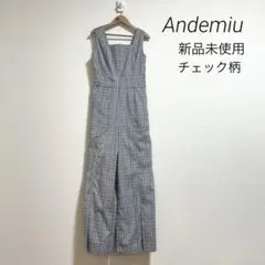 【Andemiu】 アンデミュウ チェック柄スクエアネックオールインワン 新品