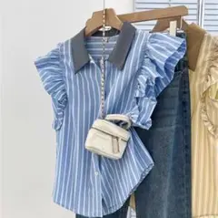襟付きストライプ柄フリルシャツ トップス ラッフルフリル シャツブラウス