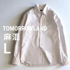 トゥモローランド 麻混 ストライプ オープンカラー BD 長袖シャツ 白 ピンク