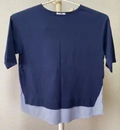 ショコラフィネローブ ネイビー 五分袖 異素材重ね着風 Tシャツ・カットソー
