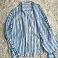【美品 麻100 %】フランク&アイリーン ポール 長袖シャツ ストライプ S