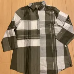 オリーブグリーン・チェック柄 七分袖シャツ　シルク入り