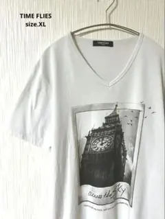 TIME FLIES　Vネック ビッグベン Tシャツ　古着　ホワイト　サイズXL