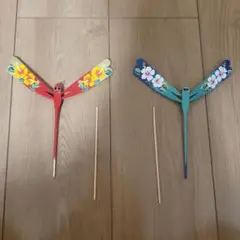 トンボ型竹細工 赤青 花柄 2本セット