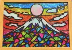 ピンクムーンと七色の富士金運開運浄化手描きイラストステンドグラスがアート風景画