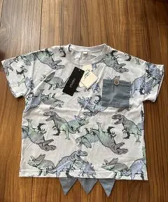 【新品】恐竜柄Tシャツ グレーのポケット付き 120cm
