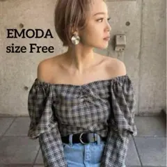 【エモダ】オフショルダー トップス チェック Free ブラック ホワイト 長袖