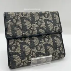 クリスチャンディオール キャンバス×レザー 折り財布 ミニ トロッター ネイビー