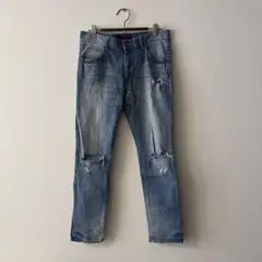ライトブルー ダメージデニム スリムフィット