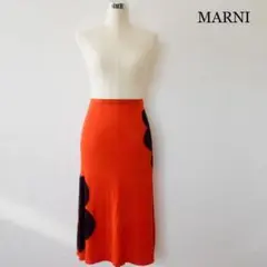 良品 マルニ 花柄 薄手 ロング ミモレ リブニット タイトスカート オレンジ