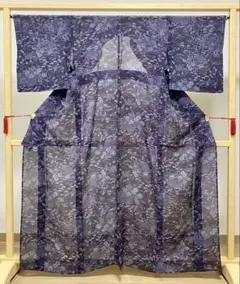 A 美品 夏物 風景模様 紫色 水色 正絹 薄物 絽 紗 小紋 着物