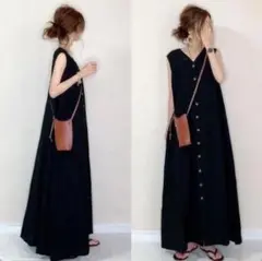 L 黒 ロング ワンピース シャツ　 a7
