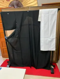 正絹 絽 黒地 喪服 着物 洗える絽長襦袢(ポリエステル)白地 着物 合計2点