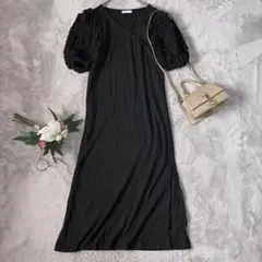 美品(M)半袖ワンピース/ロング/ストレッチ/Vネック/プルオーバー/黒