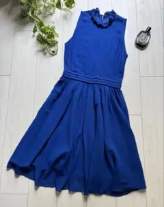 【美品】シフォン　ロイヤルブルー　ロングワンピース ノースリーブ インナー付き