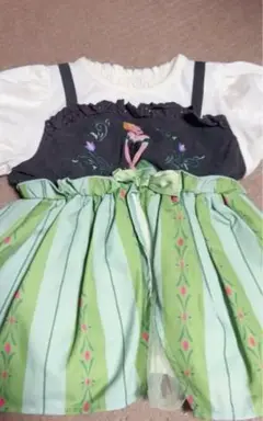 アナ雪刺繍 緑と黒のストライプドレス 100cm