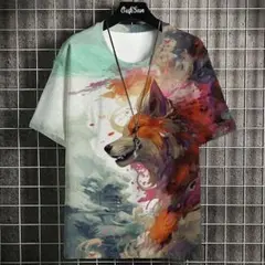 オオカミアートプリントTシャツ 2XLサイズ