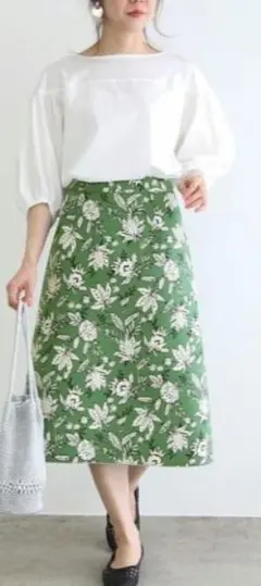 【美品】ROPE'　フラワープリントリバーシブルスカート　グリーン36　Sサイズ