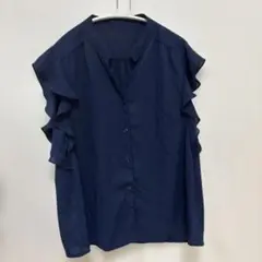 ネイビー フリル付き 半袖シャツ　L