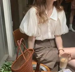 *匿名配送 新品 フェミニンブラウス バルーンスリーブシャツ L ホワイト*