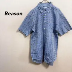 【リーズン】チェック柄　半袖シャツ　ブルー　L　メンズ　綿100　日本製
