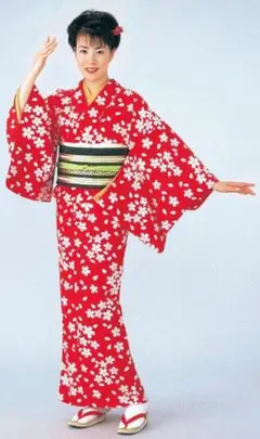 新品送料無料 no4単衣仕立て上がりポリエステル 踊りきもの 赤に桜Mサイズ