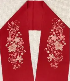 17%OFF◆朱赤 花柄 刺繍 ちりめん地 半襟 ハギレ