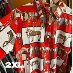 モード系　半袖 　韓国 　古着ヴィンテージ２XL 総柄シャツ　レッド　赤