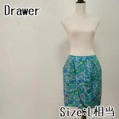 DRAWER ドゥロワー リネン混 ひざ上タイトスカート 花柄 グリーン L相当