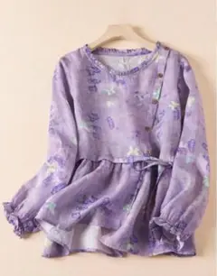 ☆値下げ中！【新品】花柄ブラウス フリル チュニック 長袖 麻綿☆紫☆Lサイズ