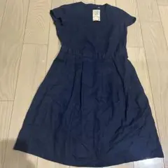 新品✨無印 ラウンドネック 半袖 ワンピース ネイビー リネン ノースリーブ L