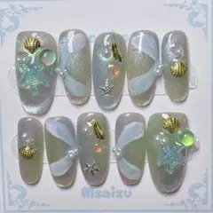 マーメイドブルー×シェル＆ヒトデモチーフネイルチップ