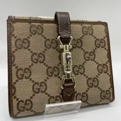 【美品】グッチ キャンバス×レザー 折り財布 ニュージャッキー GG柄 ブラウン