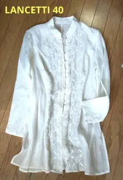 ランチェッティ LANCETTI 高級刺繍入りホワイト長袖カーディガン 40