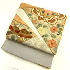 【☆2061】着物 袋帯 お太鼓柄 紬地 スワトウ刺繡 宝相華 444㎝
