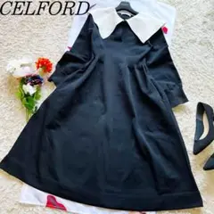 【美品】CELFORD ビッグカラーニットロングワンピース ブラック 36