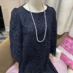 アナトリエ(ワールド)ネイビー花柄レース七分袖ワンピース38(M)美品