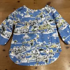 ジプシーブルー　青色 海辺風景柄 バルーン袖 トップス