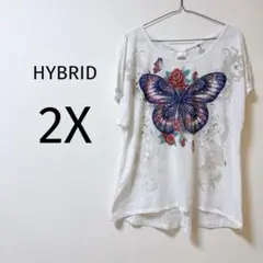 8 HYBRID 蝶と花プリント Tシャツ 2X トップス ホワイト 古着