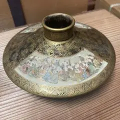 a479 送料無料 ※直し有り※ 錦光山銘 錦手瑠璃地金彩人物絵 京薩摩 茶碗 錦光山造 武者に美人画 金襴手 花瓶 [067-79] - 初音美術
