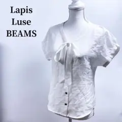 ラピスルーチェリボンタイシャツ半袖ブラウス四角柄ホワイト白ビームス