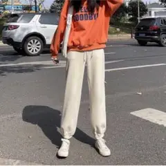 リブニットパンツ ジョガーパンツ 白 裏起毛 スポーツカジュアル 極暖 秋 冬