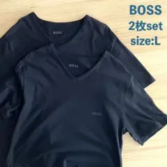 良品 2枚セット BOSS コットン Vネック Tシャツ L ロゴプリント 黒