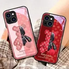 iPhone16 15 強化ガラス 高級感 可愛い オシャレクマ 赤 ピンク