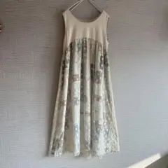 【美品】iS ScoLar☆チュール重ねアートコラージュ柄ワンピース ベージュ