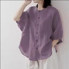 【本日限定セール】シャツブラウス 3XL 綿麻混 ふんわり 五分袖 パープル