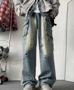 ジーンズ　デニム　パンツ　ダメージ　ストリート　ワイド　ジーパン　ゆるだぼ