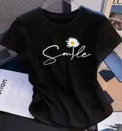 半袖Tシャツ スマイルデイジープリント サイドシャーリング ブラック Sサイズ